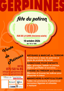 Comme chaque année, le potiron sera mis à l’honneur durant la journée du samedi 10 octobre de 10 à 18h. Les cousines de Marie Lino tenteront de vous lancer un sort… Animations pour petits enfants et grands enfants Un marché d’artisans du terroir et sa fameuse chasse au trésor … Rejoignez nous nombreux !
